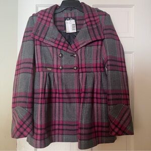 G by Guess Gray and Magenta Pink Plaid Wool Blend Pea Coat XS